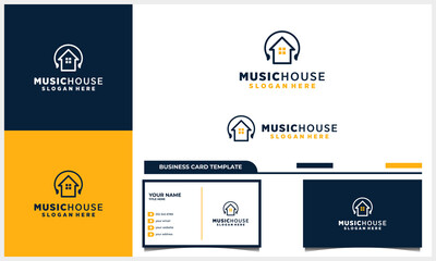 home or house logo design with earphone music logo with business card template