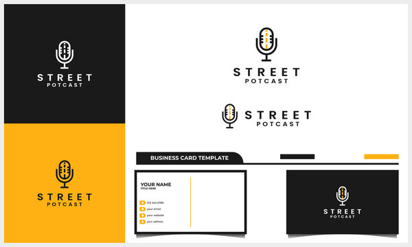 microphone podcast logo with street line concept and business card template