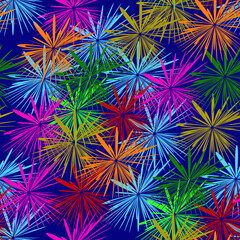 Abstract flowers of red, orange, green, blue colors on a blue background. Summer m spring natural background. Vector. For textiles, wallpapers and backgrounds.