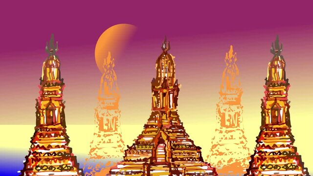 footage of Wat Arun ( temple of dawn ) in Thailand a place to celebrate  
the new year and the firework festival 
on the day of the full moon