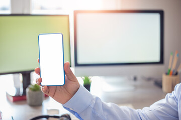 Businessman with smartphone. Mobile phone screen mockup.