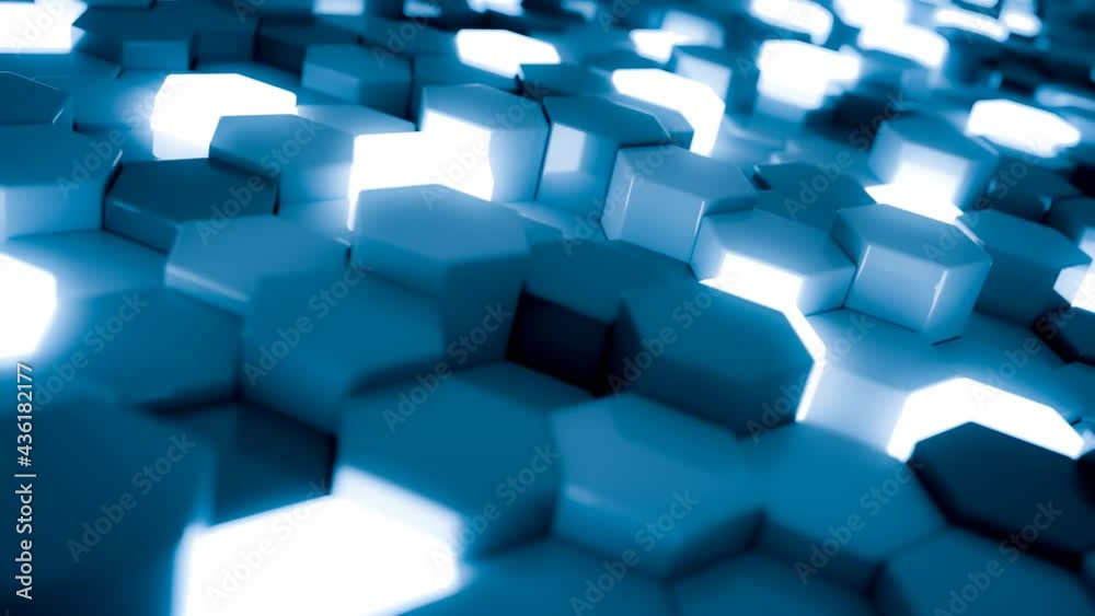 Poster Blue and luminescent hexagon modules in random waving motion. 4K seamless loop. Abstract technology, data and engineering motion background. Perspective and depth of field settings. 3D rendering.