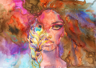 watercolor painting. female portrait. illustration. 
 - obrazy, fototapety, plakaty