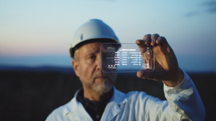 Adult bearded man scientist using high tech smartphone to diagnose online the workflow on modern windmill farm. Beautiful sunset sky on background. The newest technology trend of communication. - obrazy, fototapety, plakaty