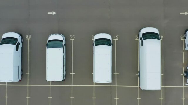Minibuses (station wagon or shortbus) stand on the dealership cars export or customs terminal. Aerial top down view of a rows of a new commercial vehicles	