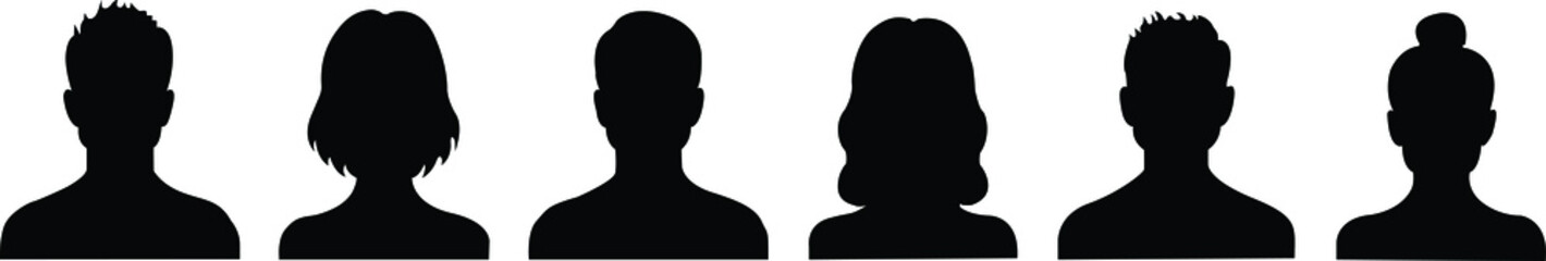 Vector silhouettes of men and women, a group of people, black color isolated on a white background. Male and Female silhouettes icon.