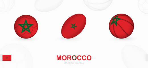 Sports icons for football, rugby and basketball with the flag of Morocco.