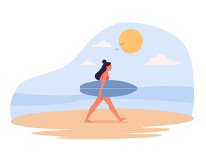Woman in swimwear carrying surfboard at the beach, walking on the sand. Vector illustration