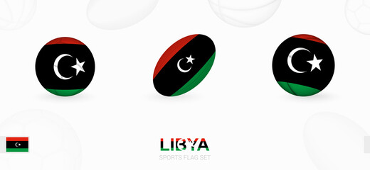 Sports icons for football, rugby and basketball with the flag of Libya.