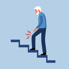 Fototapeta premium Old man with knee pain while walking upstairs in flat design. Leg pain. Muscle or bone problem.