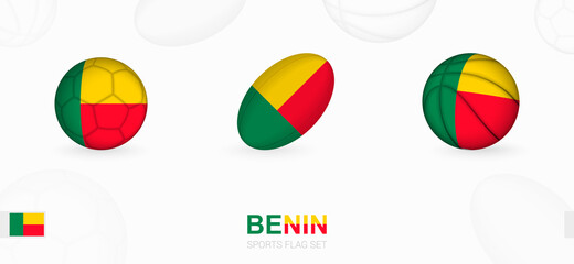 Sports icons for football, rugby and basketball with the flag of Benin.