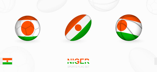 Sports icons for football, rugby and basketball with the flag of Niger.