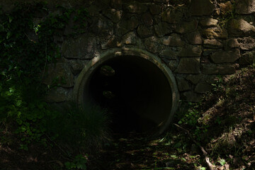 Dark round tunnel entrance somewhere deep in the forest, spooky and mysterious  - obrazy, fototapety, plakaty
