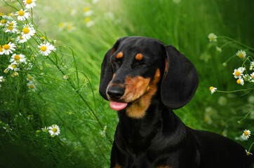 dachshund dog lovely portrait of pet in daisies spring with puppy
