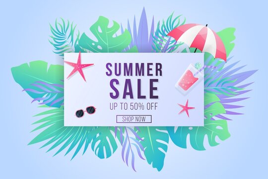 Summer sale banner with gradient tropical leaf