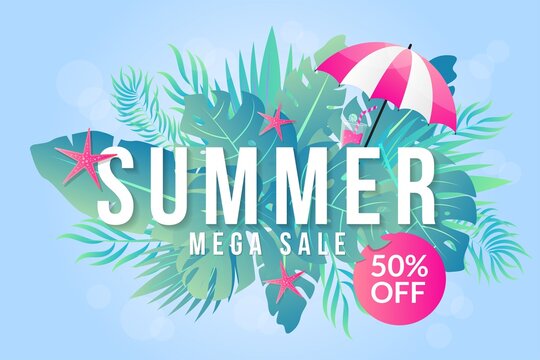 Summer sale banner with gradient tropical leaf