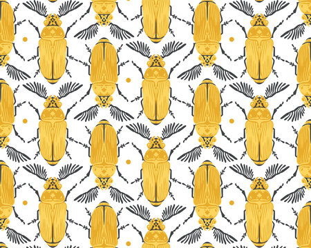 Seamless pattern with detailed illustrations of feather-horn beetle insects on a white background, in vertical repeat.