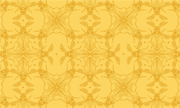 Seamless pattern with detailed illustrations of feather-horn beetle insects on a light yellow background in a mosaic repeat.