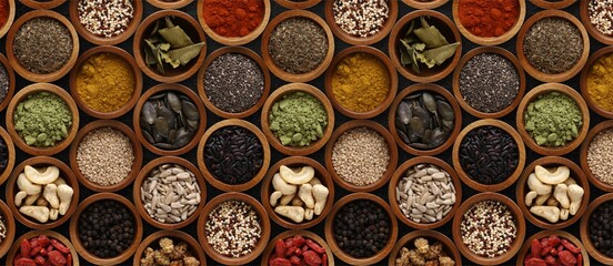 Spices in wooden bowls on a rustic wooden background, copy space