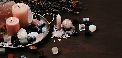 Healing chakra crystals therapy. Alternative rituals, gemstones for wellbeing, meditation, destress - obrazy, fototapety, plakaty