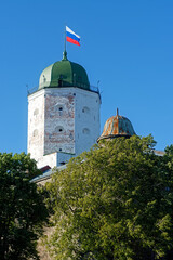 Bashnya vyborgskogo zamka s kupolom i flagom, vozvyshayetsya nad derev'yami na fone golubogo neba.