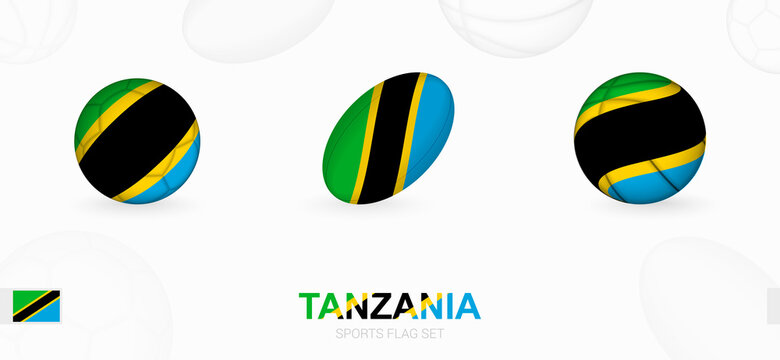 Sports icons for football, rugby and basketball with the flag of Tanzania.