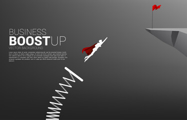 Silhouette of businessman flying to red flag on cliff with springboard. Concept of boost and growth in business.