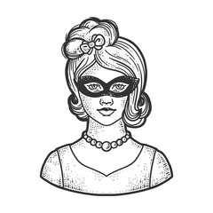 Girl small black masquerade mask line art sketch engraving vector illustration. T-shirt apparel print design. Scratch board imitation. Black and white hand drawn image.