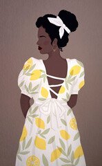 A faceless African woman in a white dress with painted lemons stands with her back to us. Flat modern summer illustration. For poster, postcard, banner, book or magazine cover.