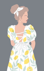 A faceless  woman in a white dress with painted lemons stands with her back to us. Vector  Flat modern summer illustration. For poster, postcard, book or magazine cover. isolated by layers