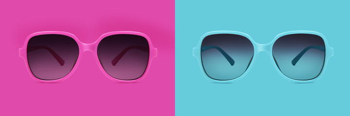 sunglasses colored blue and fuchsia plastic frame and gray polarized lenses isolated on background