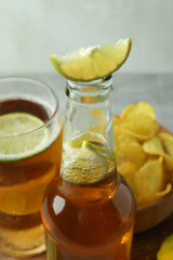 Beer with snacks, close up and selective focus
