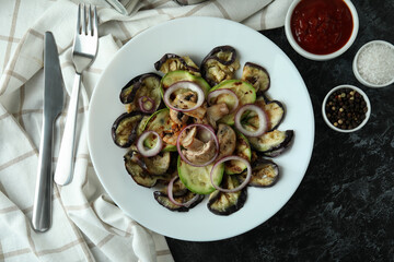 Concept of tasty eating with grilled vegetables, top view