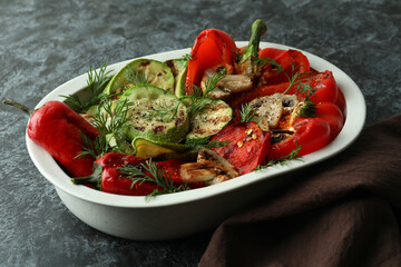 Concept of tasty eating with grilled vegetables, close up