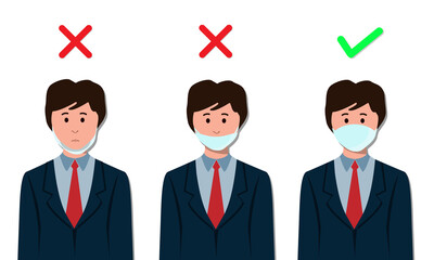 How to wear the correct facemasks and the wrong , 
Businessman Shows how to wear a face mask correctly. In order to prevent the spread of the coronavirus and Covid-19 disease. vector illustration.