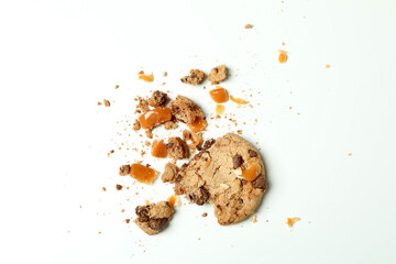 Tasty cookie with caramel on white background