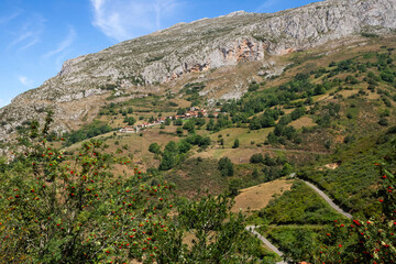 Fototapeta na wymiar Village on the side of a rocky mountain with zigzag access road and rowan trees with red berries, La Villa de Sub, Asturias