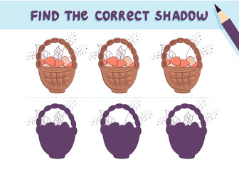 Find the correct shadow. Cute basket and mushrooms. Educational game for kids. Collection of children's games. Vector illustration in cartoon style