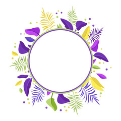 Palm leaf wreath. Round frame of bright purple, yellow and green exotic leaves. Summer festive decorations for the holiday, postcard, poster and design, offer or banner