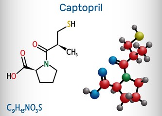 Captopril molecule. It is angiotensin-converting enzyme inhibitor, ACE inhibitor, used in the treatment of hypertension, high blood pressure. Structural chemical formula and molecule model. Vector ill