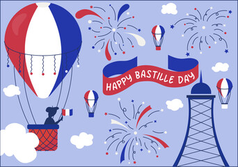 Obraz na płótnie Canvas A postcard with balloons and fireworks for Bastille Day on July 14. Postcard in the national colors of France. Vector illustration in a flat style. Vector illustration