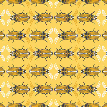 Seamless pattern with detailed illustrations of feather-horn beetle insects on a yellow background in horizontal repeat.