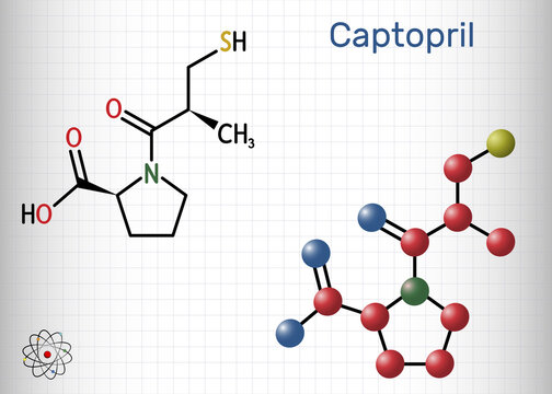 Captopril molecule. It is angiotensin-converting enzyme inhibitor, ACE inhibitor, used in the treatment of hypertension, high blood pressure. Sheet of paper in a cage