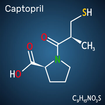 Captopril molecule. It is angiotensin-converting enzyme inhibitor, ACE inhibitor, used in the treatment of hypertension, high blood pressure. Dark blue background