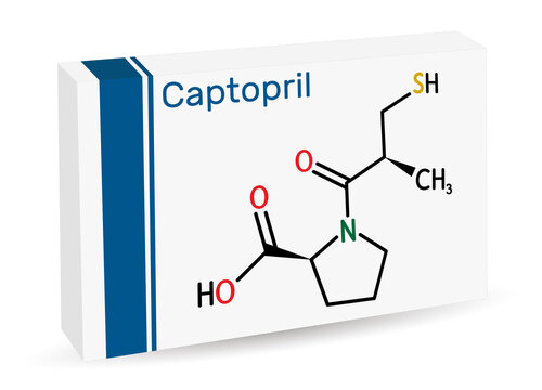 Captopril molecule. It is angiotensin-converting enzyme inhibitor, ACE inhibitor, used in the treatment of hypertension, high blood pressure. Paper packaging for drugs
