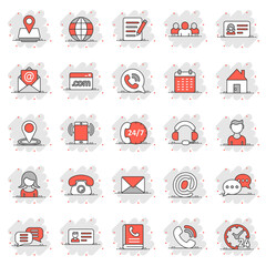 Contact icon set in comic style. Phone communication cartoon vector illustration on white isolated background. Website equipment splash effect business concept.