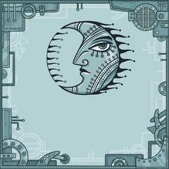 Fantastic image of iron moon. Metal amulet. A background - a frame from iron details, the steel mechanism. Vector illustration.