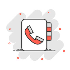 Address phone book icon in comic style. Telephone notebook cartoon vector illustration on white isolated background. Hotline contact splash effect business concept.