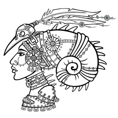 fantastic Shaman woman in her magic clothes. Portrait, look profile. The linear drawing isolated on a white background. Vector illustration, be used for coloring book.