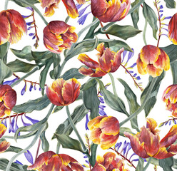 Watercolor tulips. Seamless floral pattern. Background with flowers